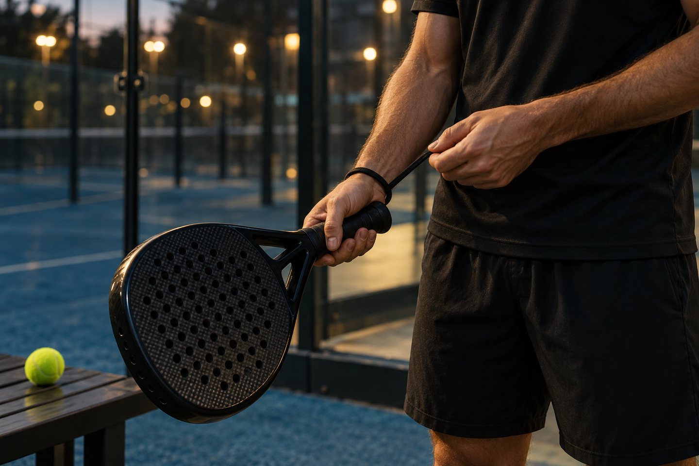 A player preparing a padel racket and adjusting the wrist strap beside the court.