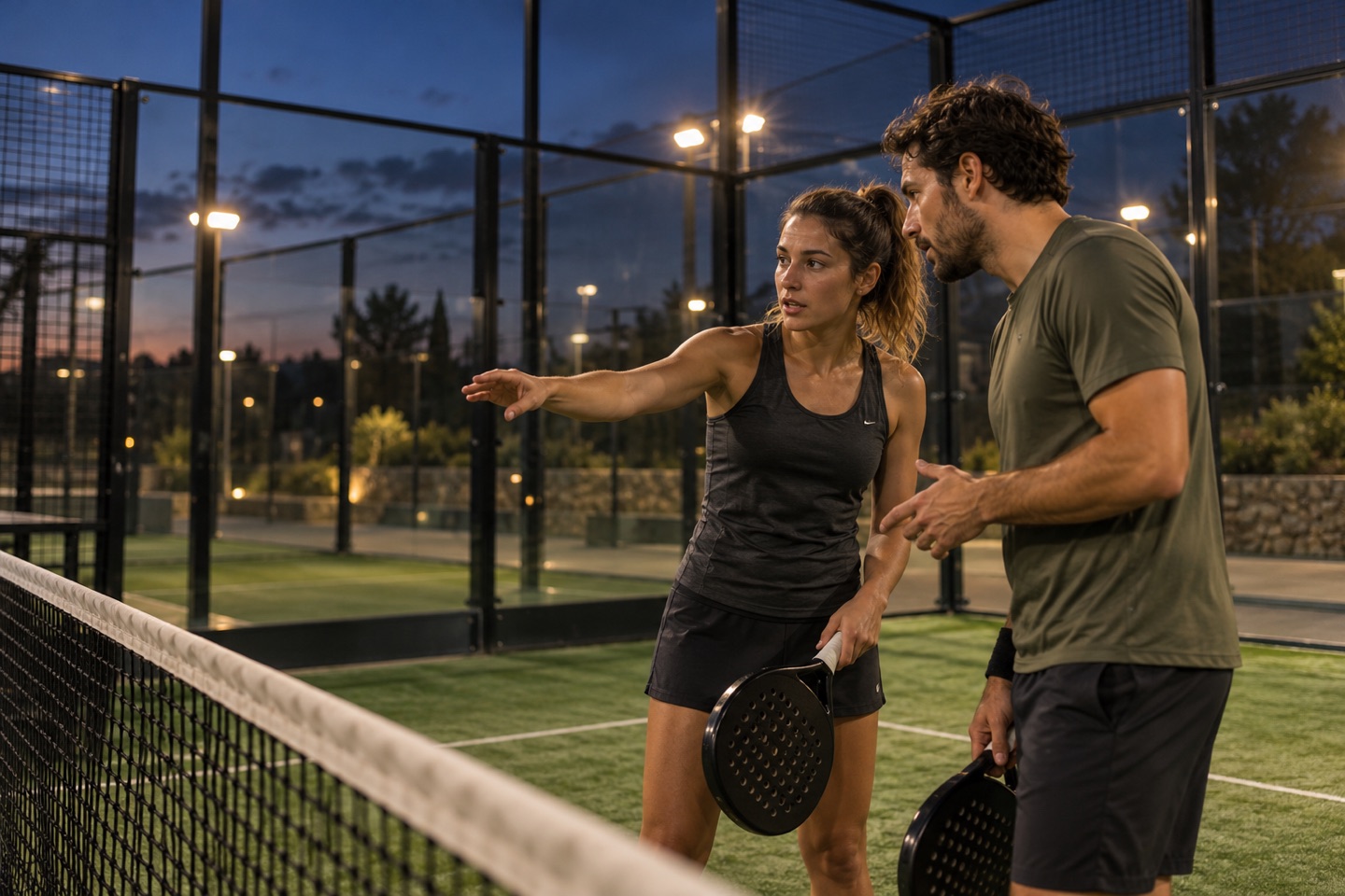 Two padel partners talking near the net, rackets in hand.